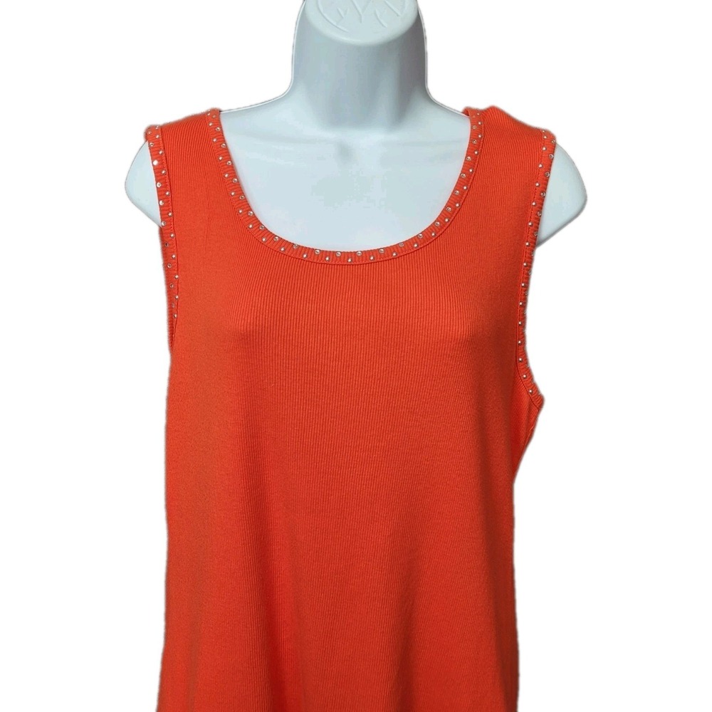 Vintage Y2K Orange Ribbed Tank Top XL Sleeveless Rhinestone Studded Trim Women